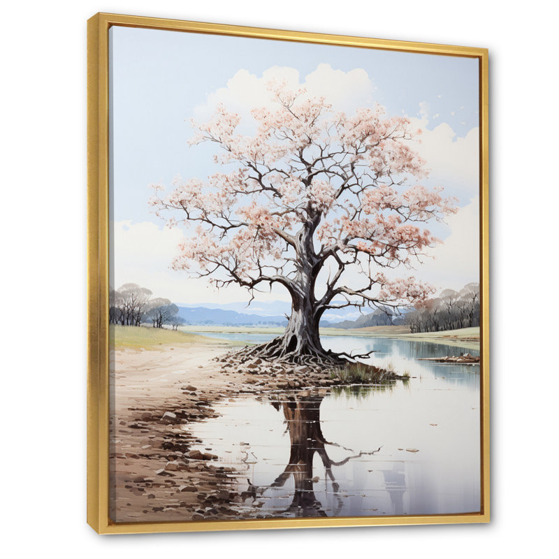 Minimalisme, chêne rose, automne chatoyant - impression sur toile florale, H 32 po x l 16 po x P 1 po, Cadre flottant doré