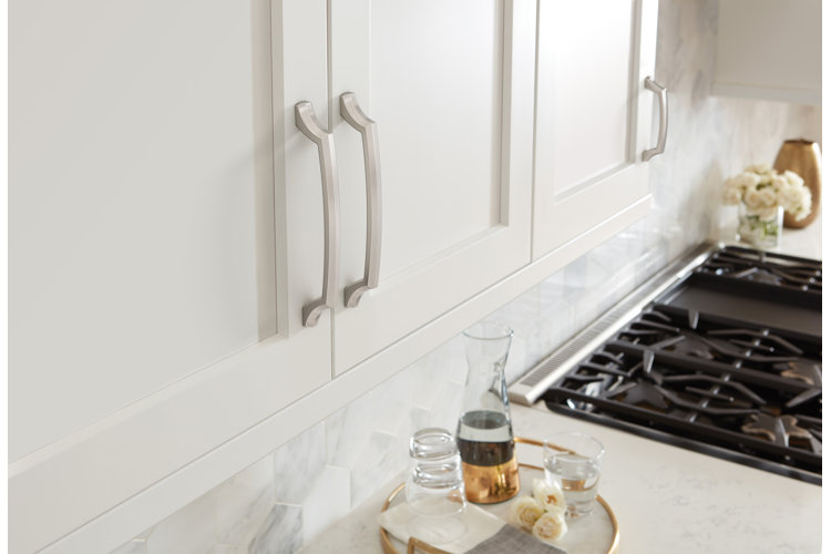 satin nickel cabinet pulls on white kitchen cabinets
