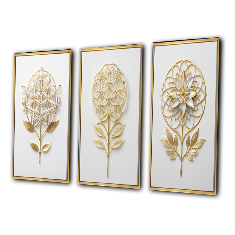«Flower of Life Golden Elegance I», ensemble de 3 reproductions, Cadre flottant doré, H 32 po x l 48 po