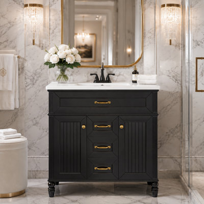 Meuble-lavabo autoportant de 36 pouces avec lavabo en céramique, armoire en bois massif et panneau de fibres à densité moyenne, portes à fermeture en douceur, tiroir rabattable, poignées dorées