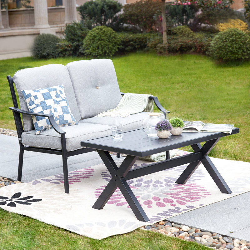 Stradford 2-Person Patio Loveseat and Coffee Table Conversation Set with Gray Cushions, Gray
