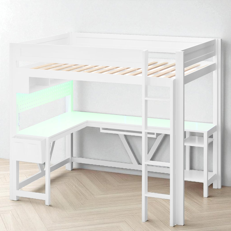 Full Loft Bed With Built-In L-Shaped Desk, LED Light And Charging Station, White