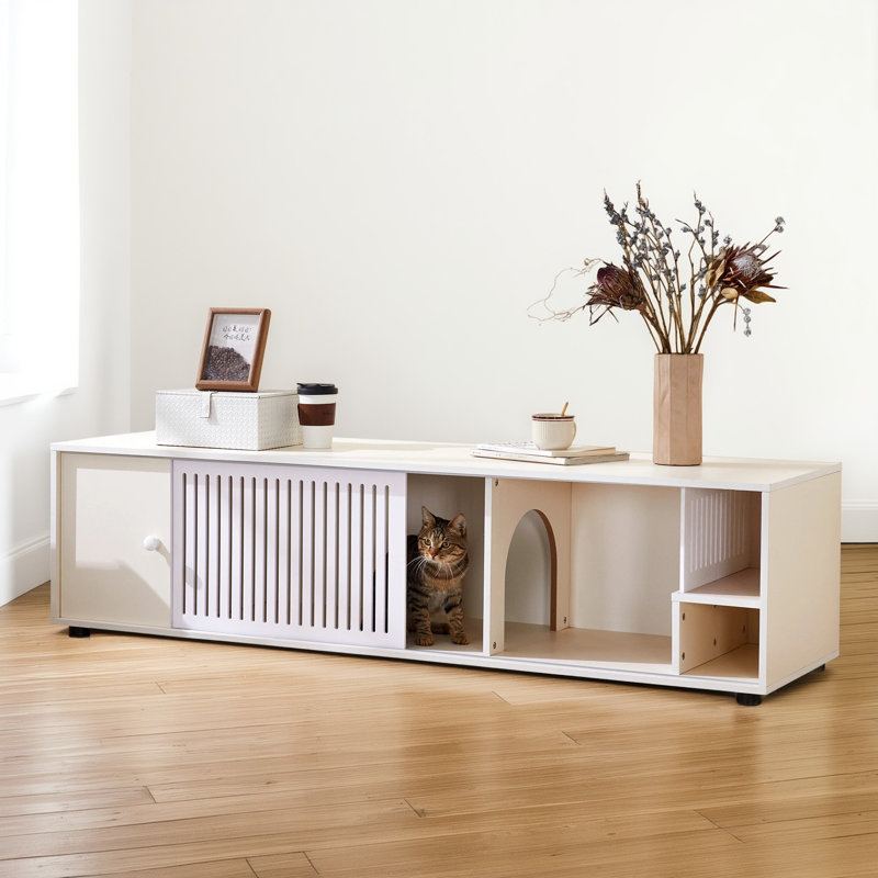 Meuble télé moderne blanc crème avec rangement, bac à litière pour chat avec porte coulissante amovible