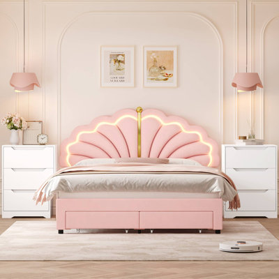 3-Piece Bedroom Sets, Upholstered LED Bed, Princess Bed Frame With Drawers