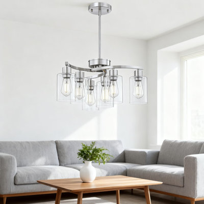 Lustre moderne 6 lumières avec abat-jour en verre transparent, luminaire suspendu à hauteur réglable pour le vestibule de l'îlot de cuisine de la salle à manger, design industriel en nickel brossé