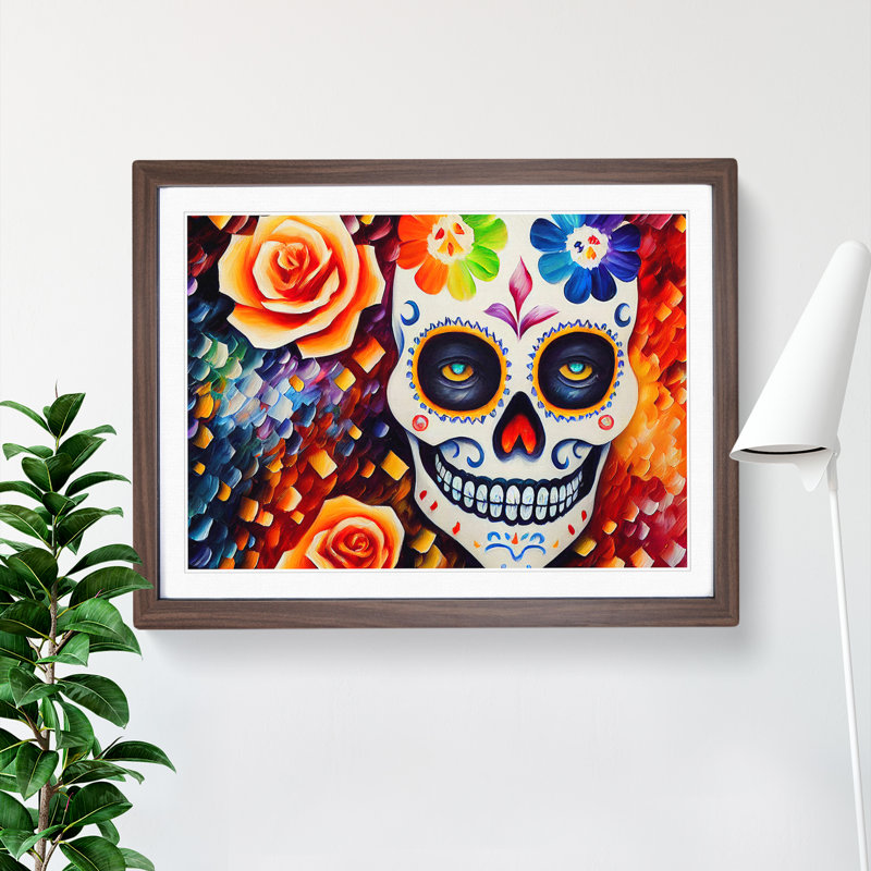 Incredible Floral Sugar Skull - Single Picture Frame Painting, 46cm H x 64cm W x 2cm D, Walnut