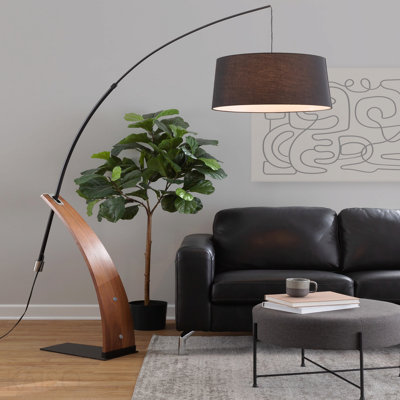 Lampe sur pied Mid-Century moderne en bois de noyer et lin noir