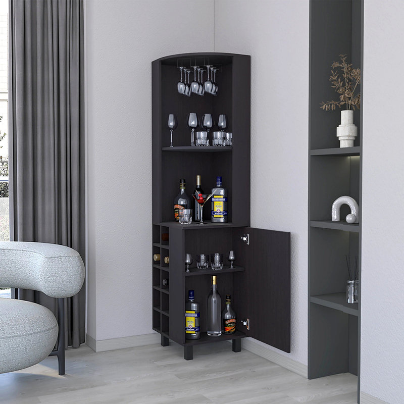 Bar d'angle avec porte-verres et porte-bouteilles, Brun