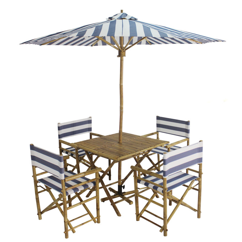 Sheila 4 - Person Bamboo Patio Dining Set with Square Table, Blue/White Stripes