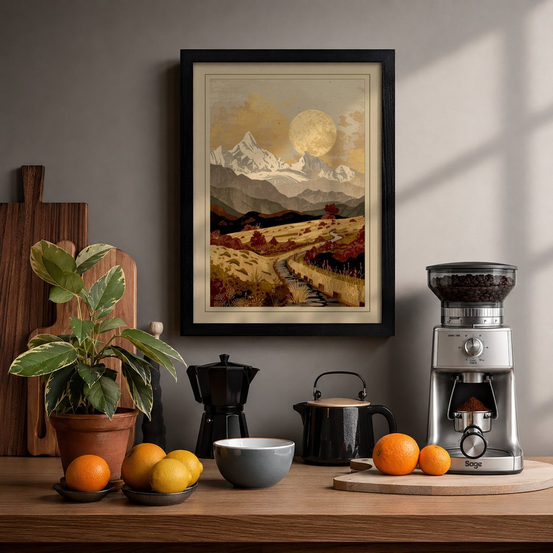 Mountain Under Moon Japandi - Framed Print