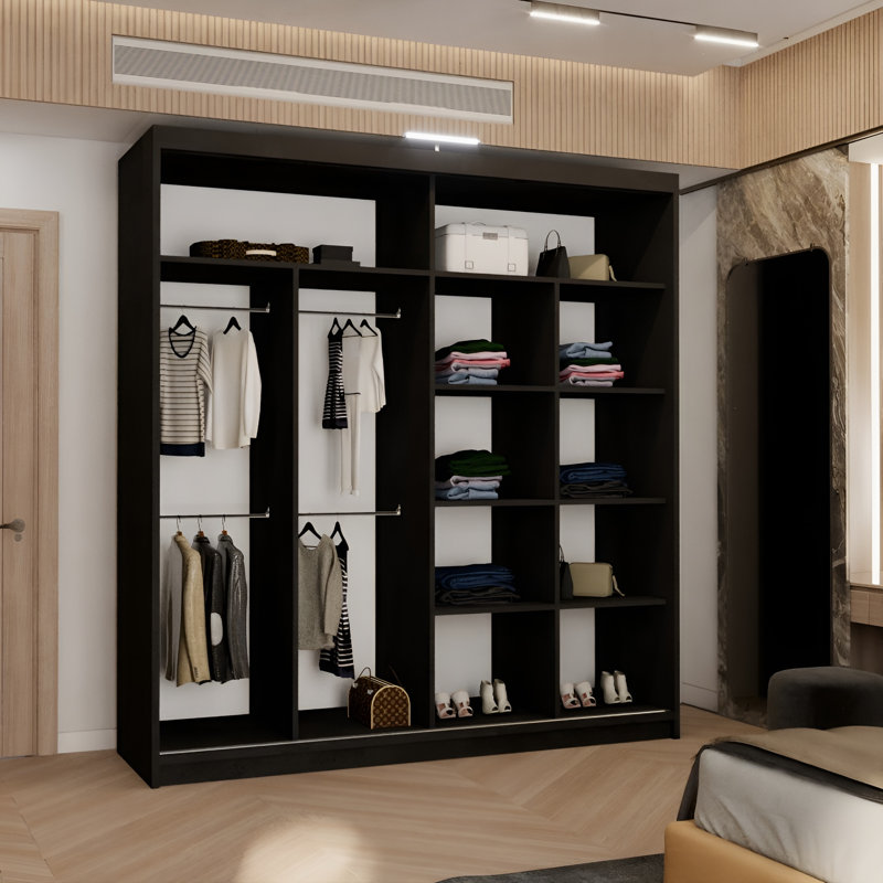 Cherith 2 Door Manufactured Wood Wardrobe, Black, 217cm H x 203cm W x 62cm D