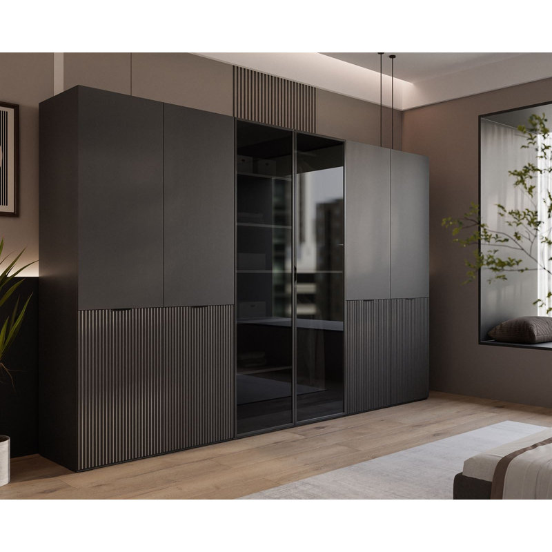 Manufactured Wood Wardrobe, Black Graphite/Black Glass