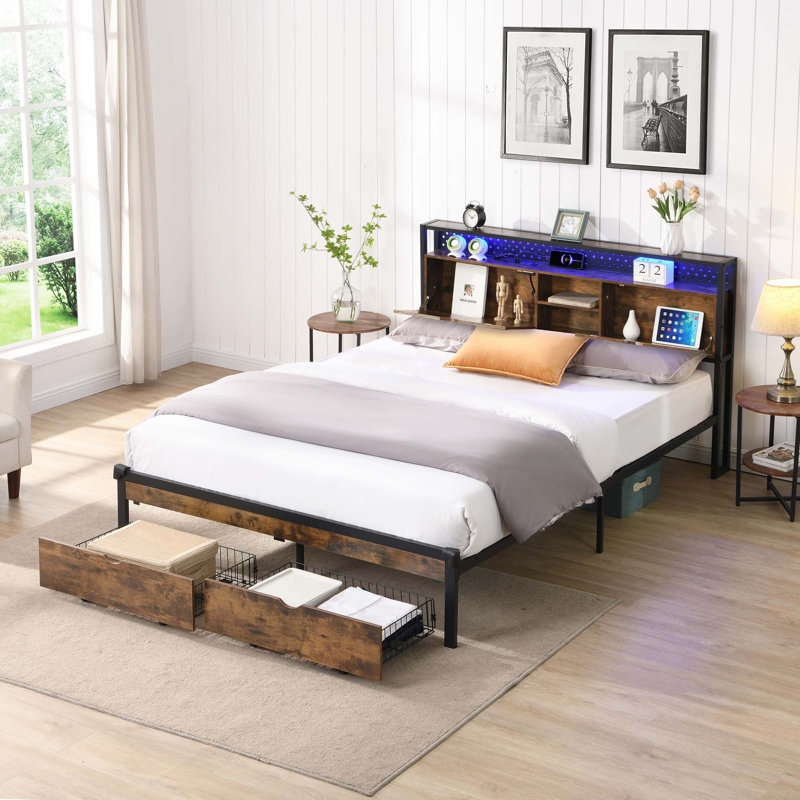 Metal Platform Bed Frame With Footboard USB,Charging Station And LED Lights, Full
