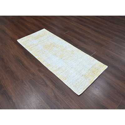 Tapis oriental 2 pi 7 po x 6 pi 1 po jaune, tissé à la main, en laine et en soie à base de plantes, velours texturé, design moderne, tapis étroit