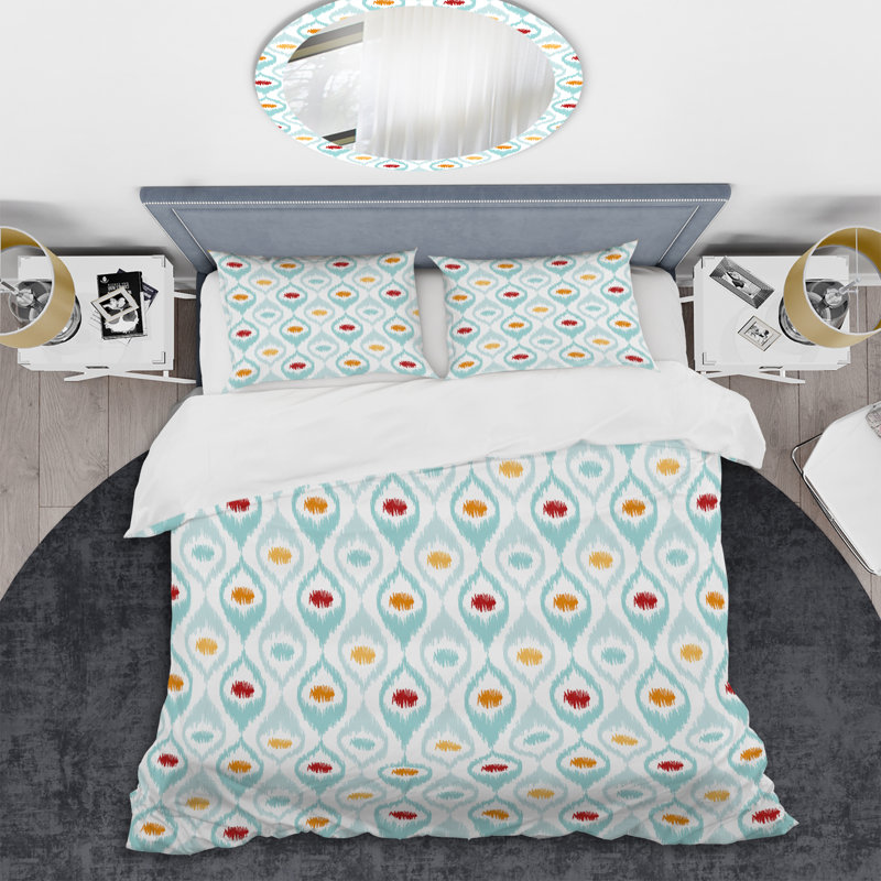 Green Ikat Ogee - Ensemble de housse de couette abstrait - Microfibre de polyester