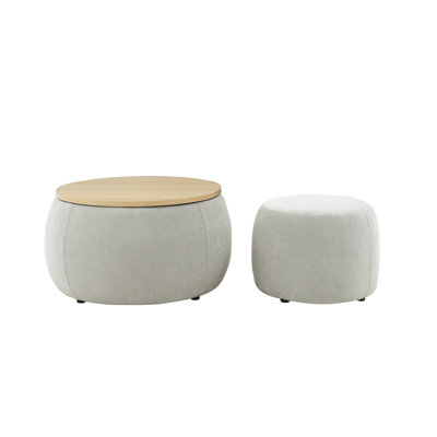 Round Storage Ottoman with 2-in-1 Function - Light Grey Multifunctional Accent Furniture, Works as End Table and Extra Seat, No Assembly Required