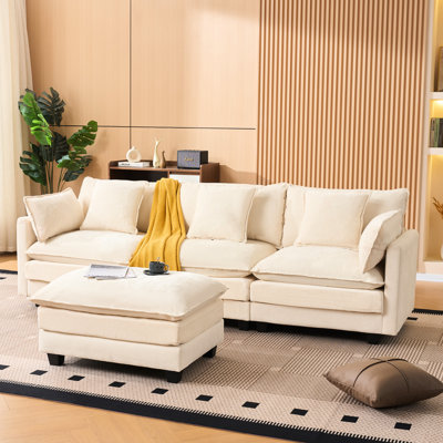 Crème beige 3 avec repose-pieds, rembourré en chenille, facile à assembler, idéal pour les espaces compacts avec rangement pour canapé modulaire, éponge haute, Comfort Family