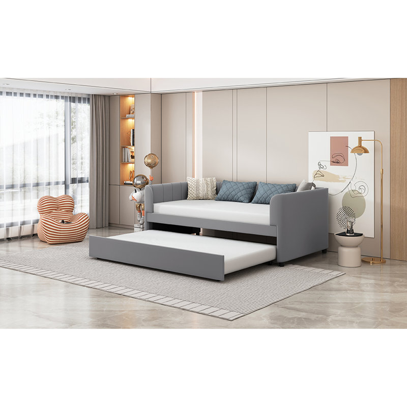 Gray Velvet Twin Size Daybed With Elegant And Detachable Trundle Hidden, Gray