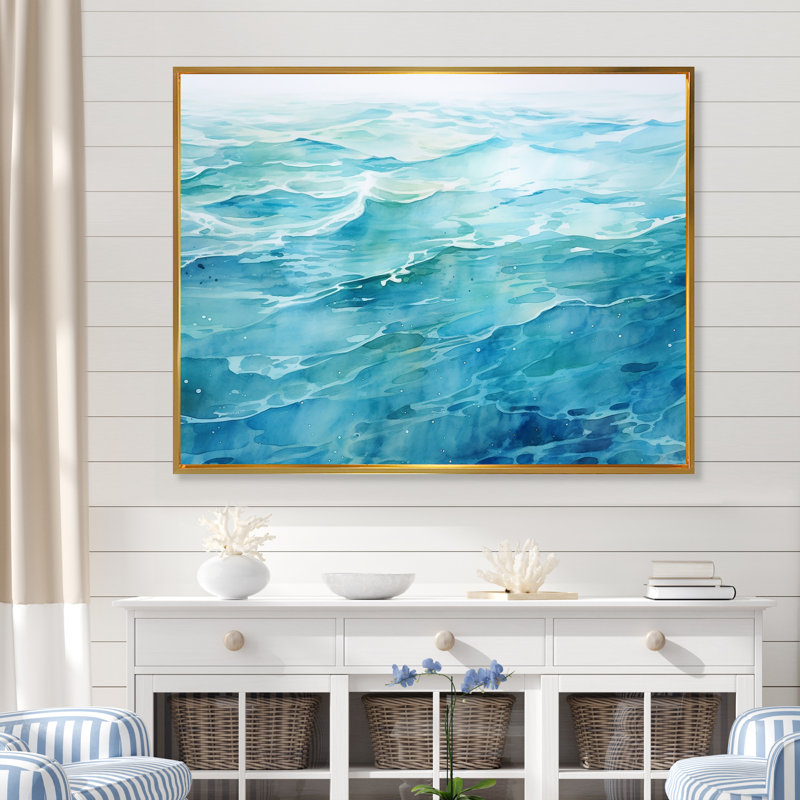 «Blue Ocean In Motion Scenery VI», reproduction sur toile, Cadre flottant doré, H 34 po x l 44 po