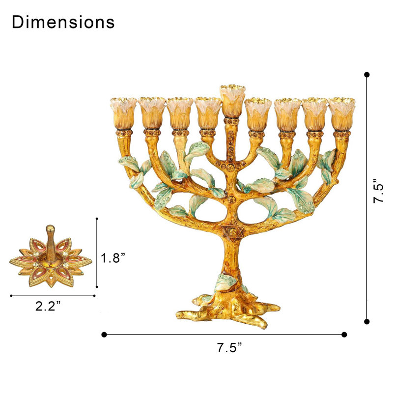 Ensemble de célébration de Hanoukka - candélabre de la menorah en émail peint à la main avec motif d'arbre et de boutons floraux et 2 qté de dreidels tournants peints à la main par Matashi