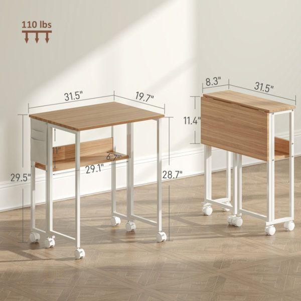 Latitude Run® Folding Computer Desk With Storage Bag, Shelf And Wheels ...
