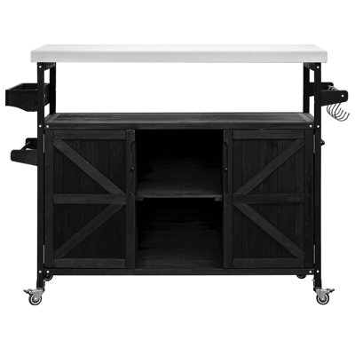 Îlot de cuisine extérieur, chariot à roulettes et armoire de rangement, table de barbecue d'extérieur en bois massif avec plateau en acier inoxydable, support à épices, support à serviettes pour la cuisine et le barbecue