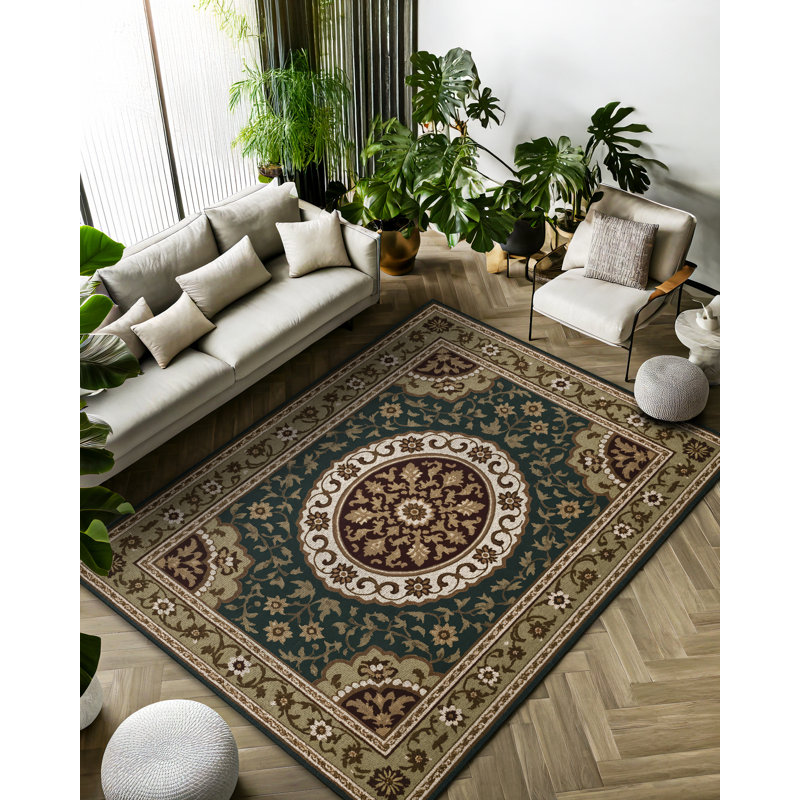 Isabel Collection Digital Print Cotton-Polyester Green Beige Brown Oriental Rug, Runner 6'7" x 14'10"