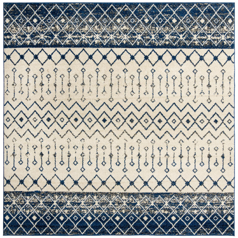 Tapis abstrait en polypropylène tissé à la machine Bradley-Joe en ivoire / bleu marine, Carré 10 pi