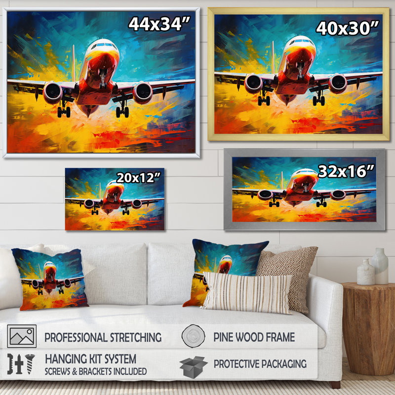 Avion énergique de départ sur toile, H 12 po x l 20 po x P 1 po, Cadre flottant noir