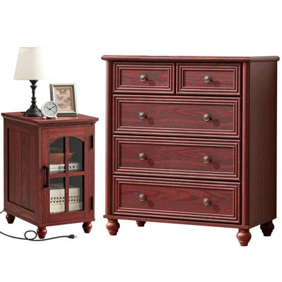 Ensemble de commode et table de chevet 5 tiroirs, mobilier de chambre en bois de ferme avec station de charge et colonne romaine pour la chambre à coucher, le salon et le couloir