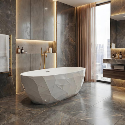 67” Freestanding Acrylic Bathtub – Glossy Diamond-Finish Soaking Tub, All-White Deep Soak Design with Chrome Pop-Up Drain for Modern Bathrooms