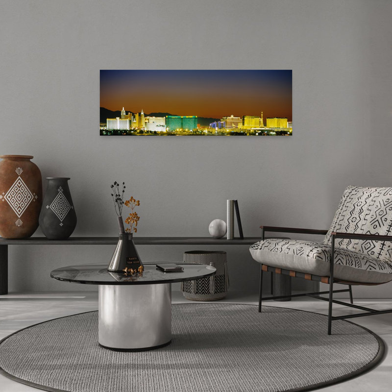 Buildings Lit Up At Dusk Las Vegas Nevada USA by Jerry Driendl Photography - Wrapped Canvas Panoramic Print