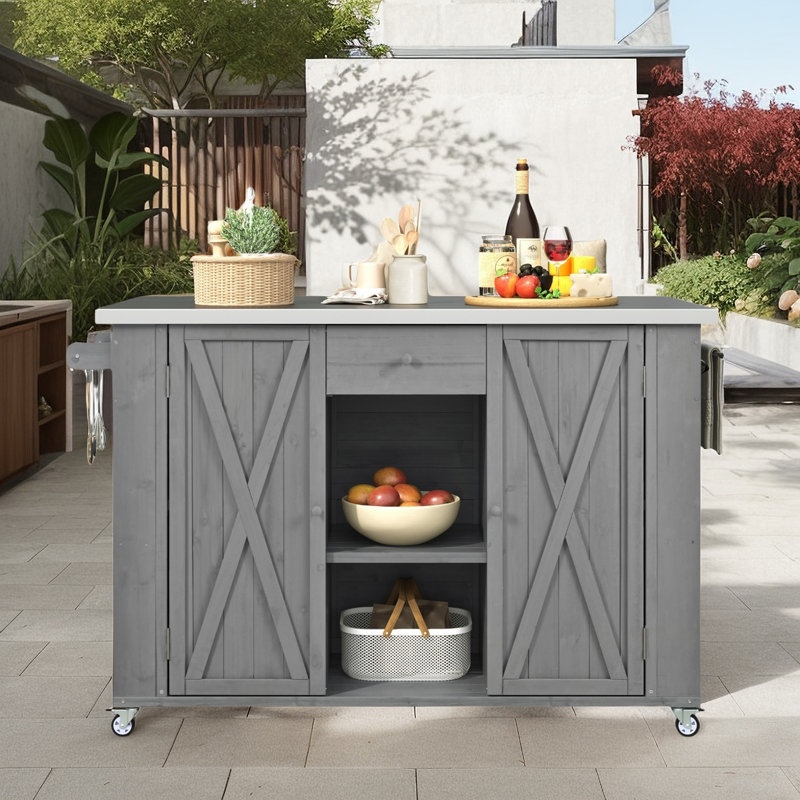 Îlot de cuisine extérieur avec roues verrouillables, Gris