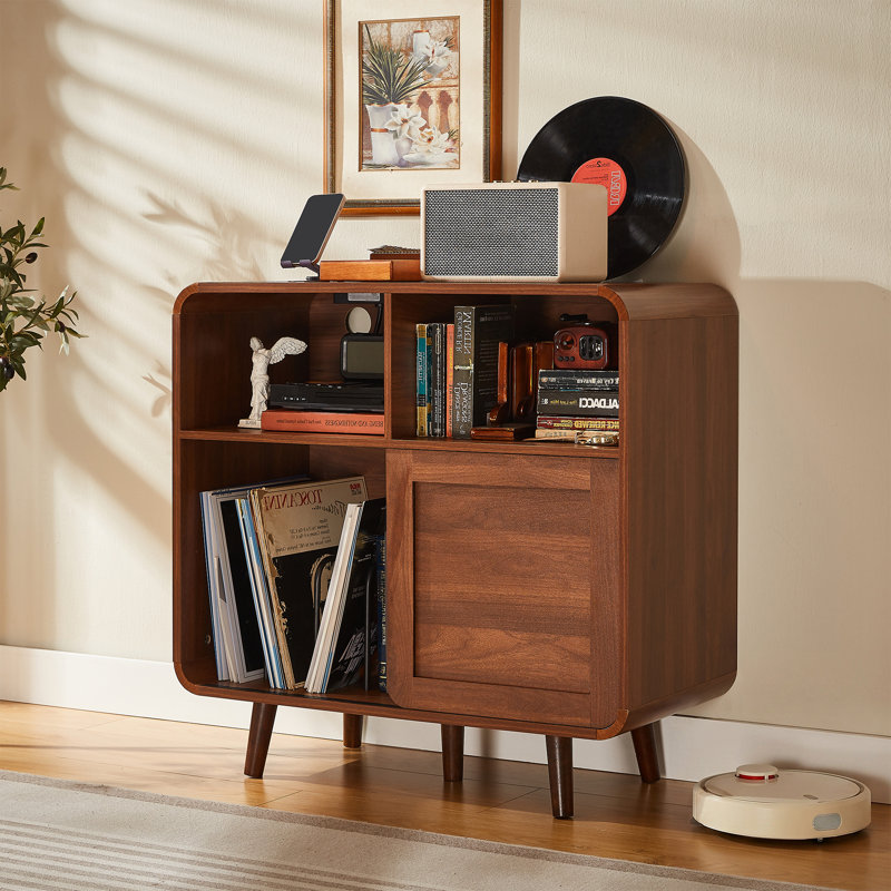 Support pour tourne-disque 31,5 "avec rangement en vinyle, armoire de rangement pour disques Mid-Century avec station de charge, support pour table tournante pour salon, coin musical, noyer