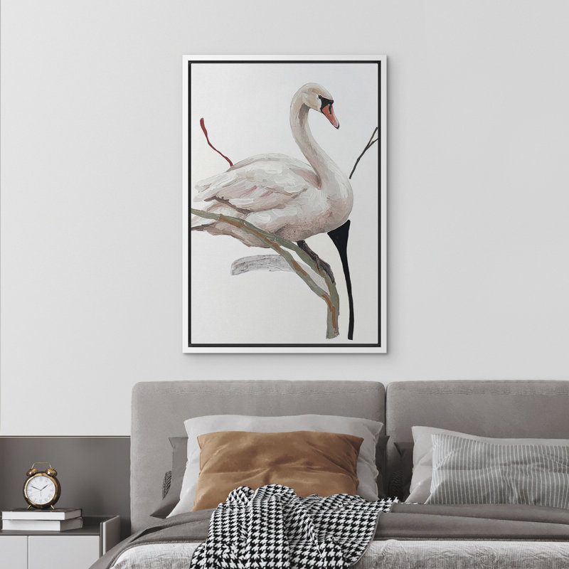 Élégant cygne blanc perché sur une branche, reproduction d'art sur toile encadrée dans la chambre principale, Blanc