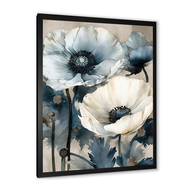 Bouquet de pavot bleu et blanc sérénade, Cadre simple noir, H 20 po x l 12 po x P 1 po