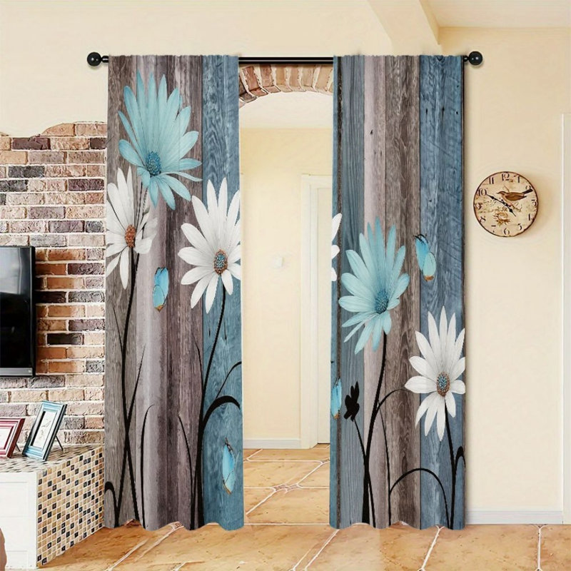 2Pcs Daisy Butterfly Curtains, Blue Wood Grain Background, Rod Pocket Light Filtering, Natural Floral Style, All-Season For Living Room Bedroom Window Decor