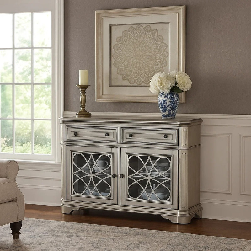 Garry Sideboard Buffet Console, 2 Drawers, Cabinets, Silver Wood, 56 Inch, Black/Silver