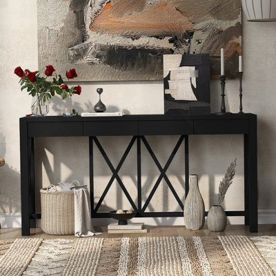 Stylish Console Table With Acacia Veneer, Four Drawers, Open Bottom Storage For Entryway, Living Room And More