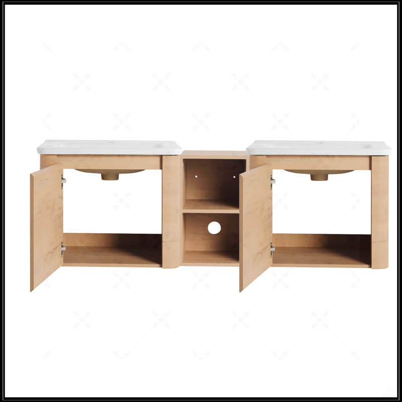 Meuble-lavabo mural 60 po avec lavabo en céramique blanche et tablettes de rangement, 2 portes à fermeture douce, contreplaqué écologique