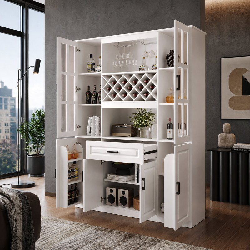 Cave à vin UNAFLOR de 188,5 cm de hauteur avec casier à vin, porte-verres et 4 portes, Blanc