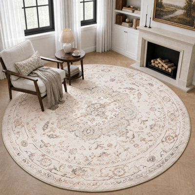 Soft Vintage Floral Washable Area Round Rug With Non-Slip Backing For Living Rooms And Bedrooms