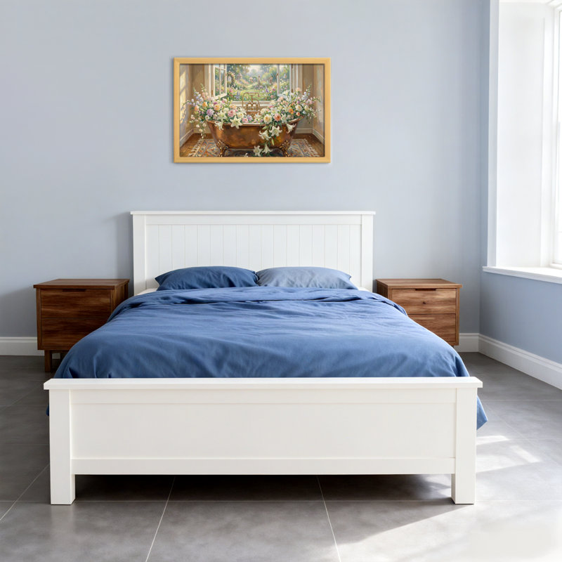 Scène de fenêtre florale avec baignoire et jardin, H 12 po x l 18 po, Cadre photo unique, Grain de bois clair