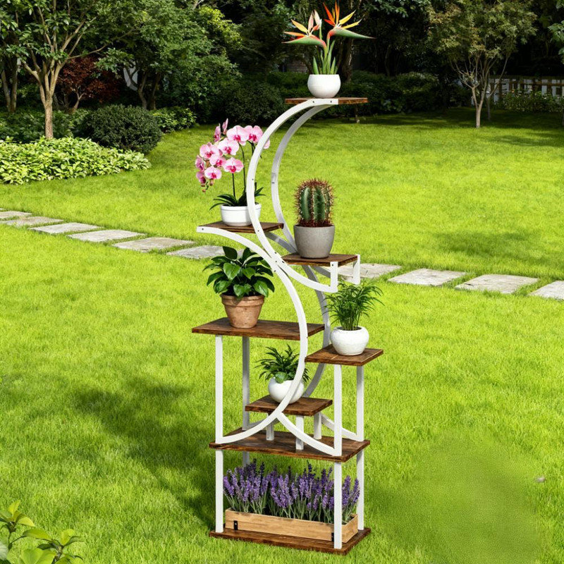 Support pour plante en coin à 8 niveaux avec tablettes en bois de sapin et structure en acier pour plantes d'intérieur, H 61,8 po