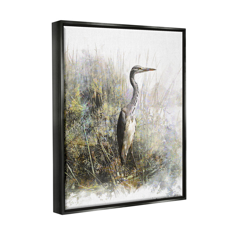 «Heron Bird Water's Edge Pond Floater» par Pip Wilson, Cadre flottant noir de jais, H 21 po x l 17 po x P 1,7 po