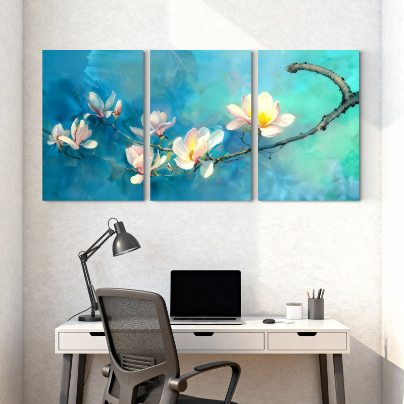 Magnolia Magnolia fleurs sur fond bleu, ensemble de 3 reproductions d'art sur toile, H 30 po x l 60 po