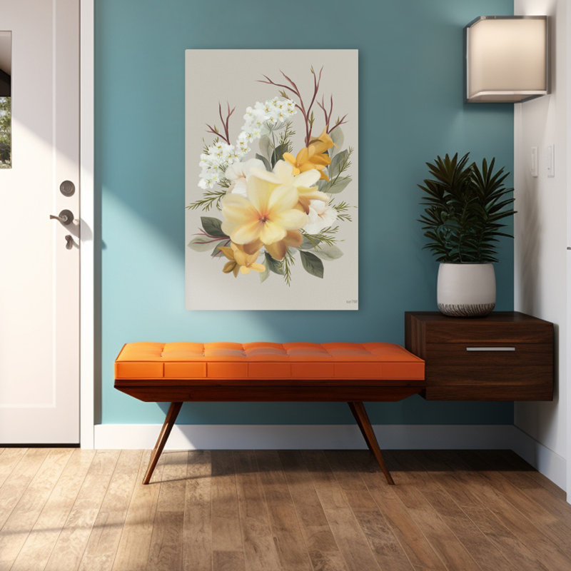 Fougères et Forsythia II - Fleurs jaunes contemporaines, fleurs vertes, art, H 48 po x l 32 po