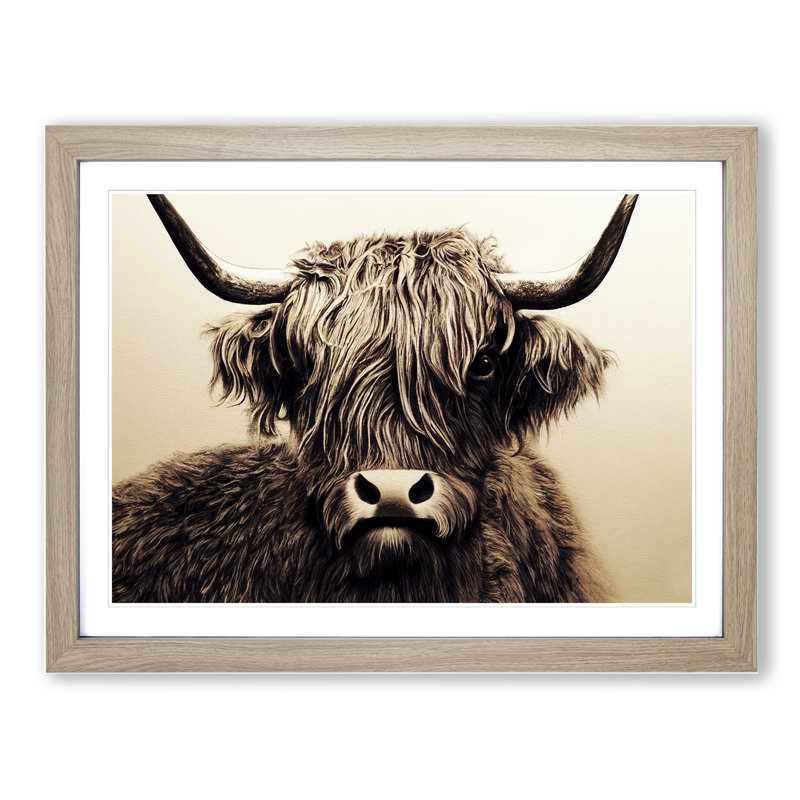 Highland Cow View Vol.3 - Single Picture Frame Print, 46cm H x 64cm W x 2cm D, Oak