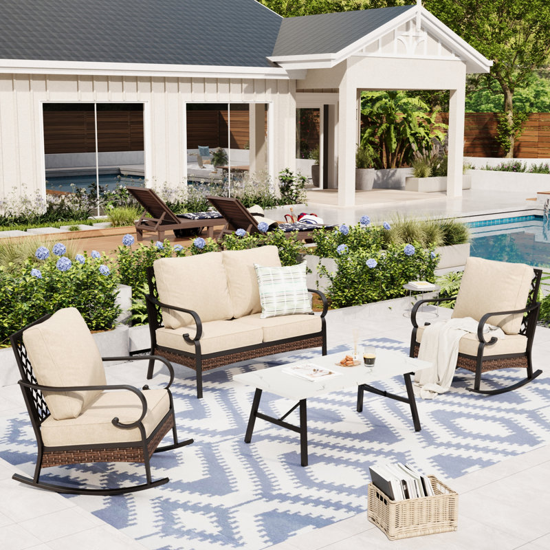 4-Person Patio Furniture Set With Rocking Lounge Chairs, Beige