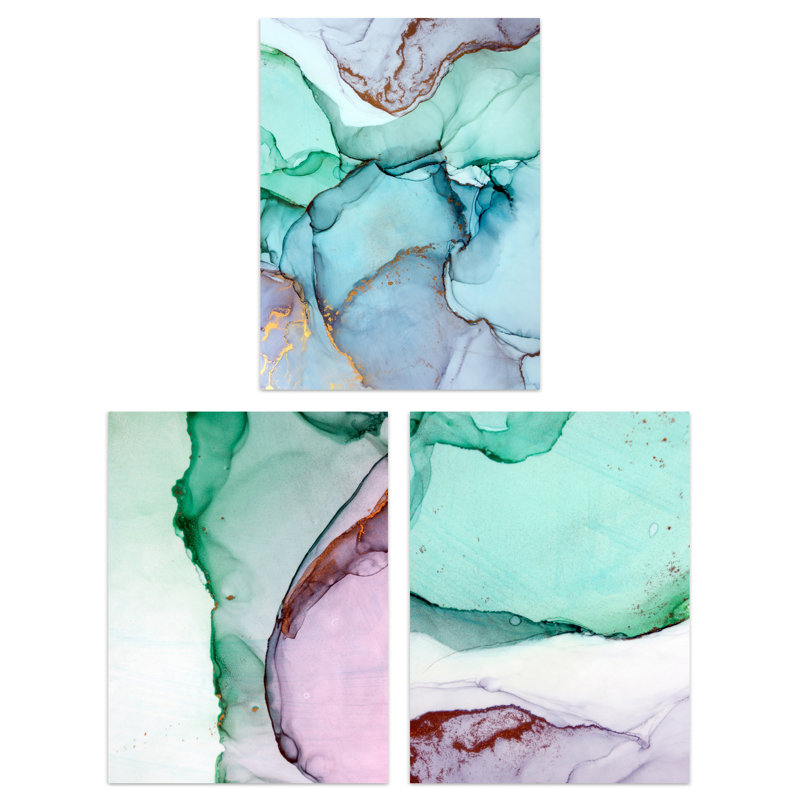 Abstract Green Pink Agate Stone Marble 3-Piece Set Unframed Wall Art Prints Bedroom Bathroom Aesthetic Microscope Photo